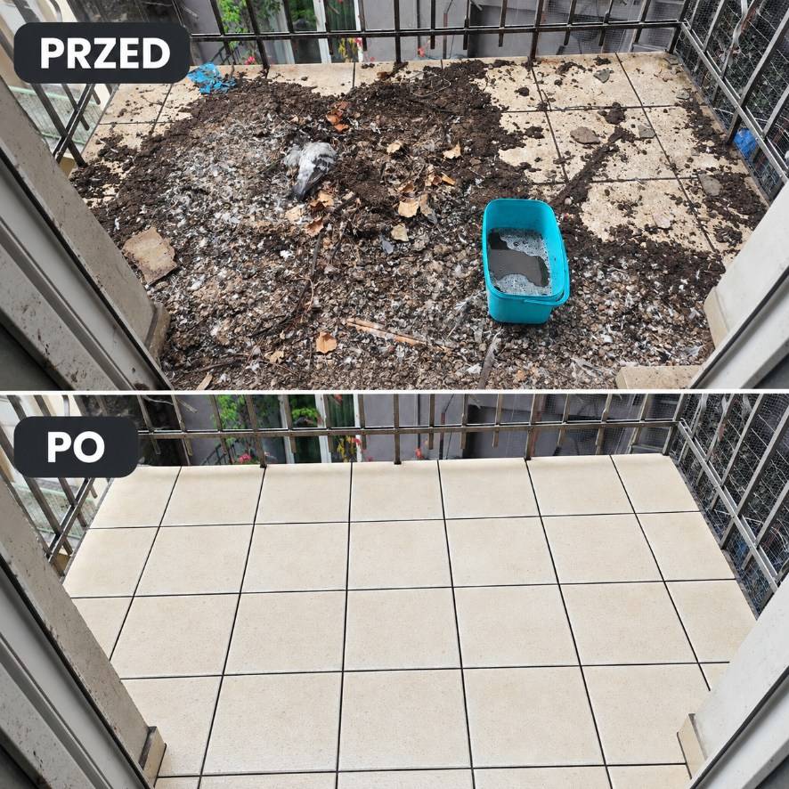 Balkon w krakowskim bloku przed sprzątaniem i po — u góry warstwa odchodów, piór i gruzu na płytkach, u dołu ten sam balkon z umytą posadzką