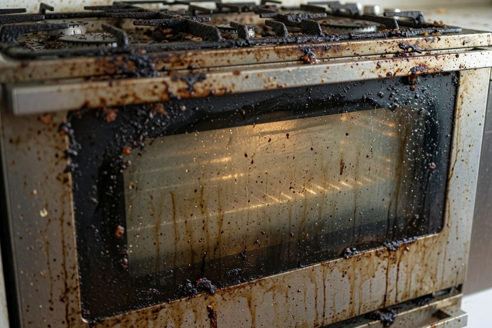 Zabrudzony piekarnik i płyta kuchenna przed czyszczeniem